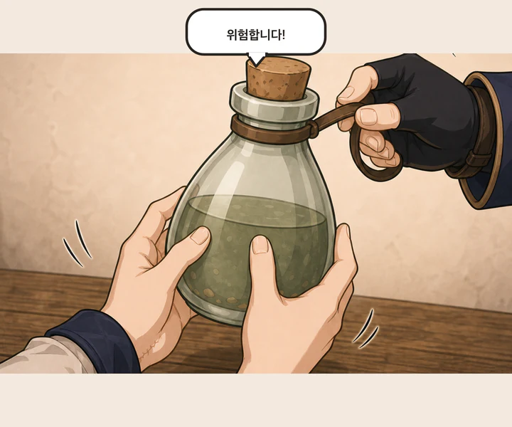 네아가 든 약병을 두 손으로 받아 내며 위험하다고 말하는 주인공