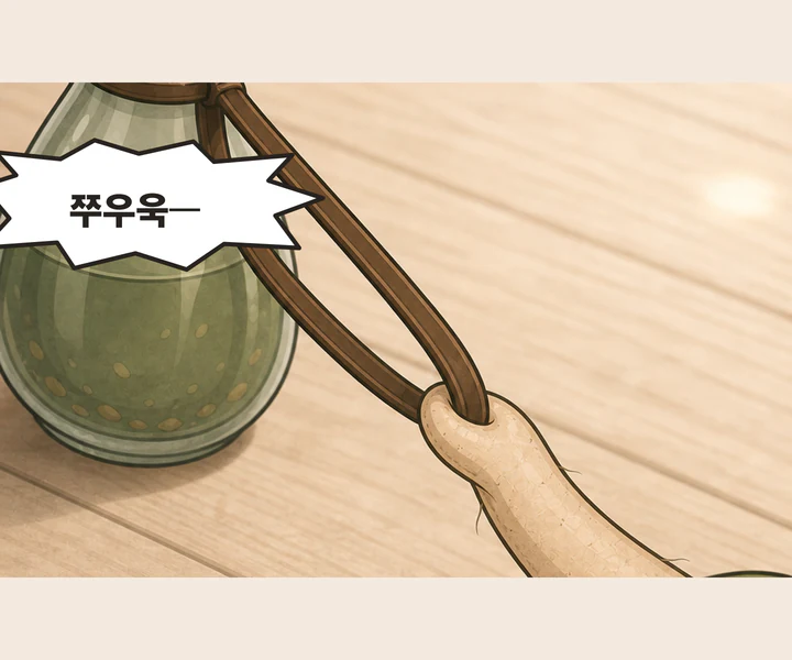 옆뿌리로 약병 끈을 쭈욱 당기는 뿌리 잔영