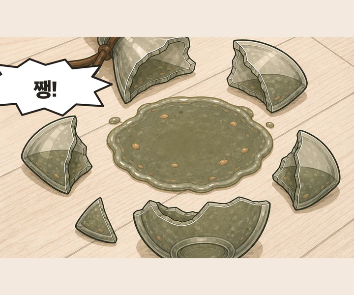 첫 장면과 같은 방향으로 쨍 하고 깨지는 약병